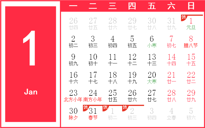 1995年1月日历