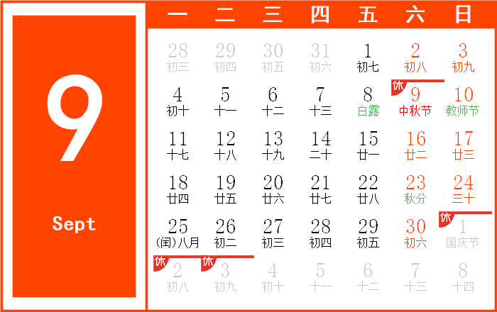 1995年9月日历